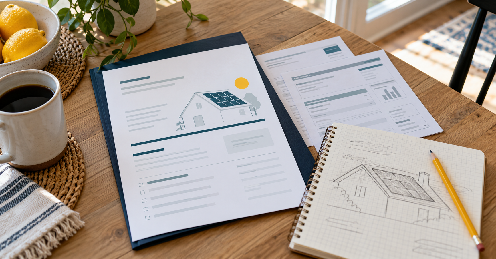 Illustrative tabletop with planning papers, a roof sketch, a navy folder and a yellow pencil.